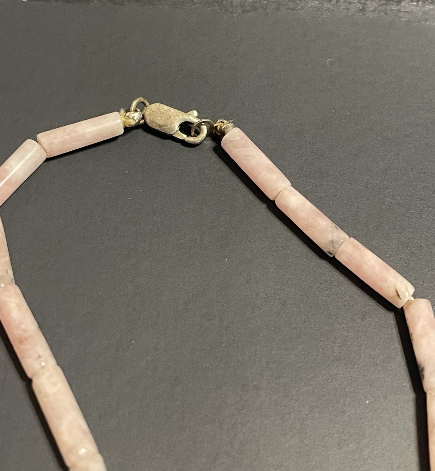 Vtg Rose Quartz Stone Necklace Pink Agate Pendant Sterling Silver Beaded