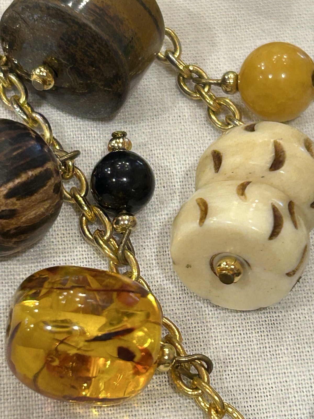 Vtg Asian-Themed Mixed Material 3-Strand Charm Necklace w/Carved Wood Buddha 28”