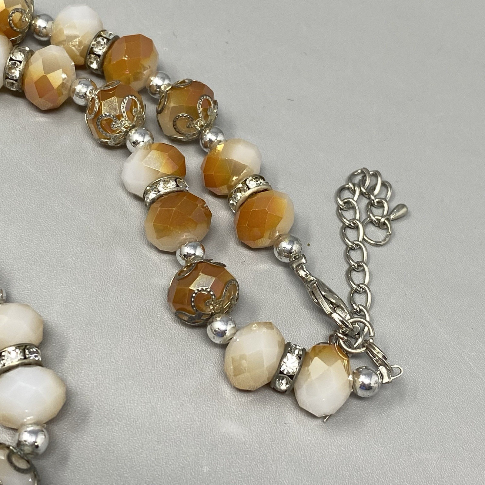 Glass Beaded Necklace White Orange Faceted Fire Polished Metal Caps Collar 21″