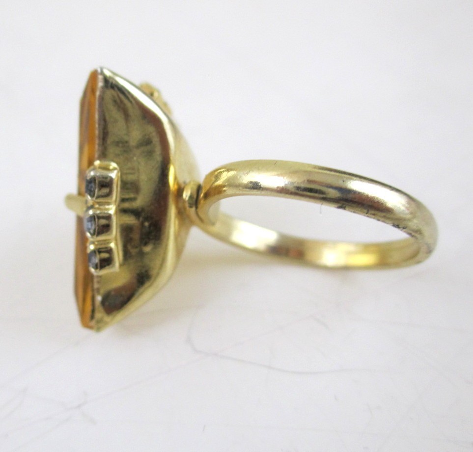 Vintage Mod Triangle Amber Orange glass rhinestone Statement Cocktail Ring Gold