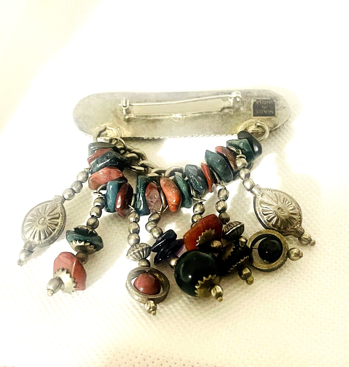 Vintage Hand Crafted Brooch Genuine Stone Chunks Unknown Metal Made In India