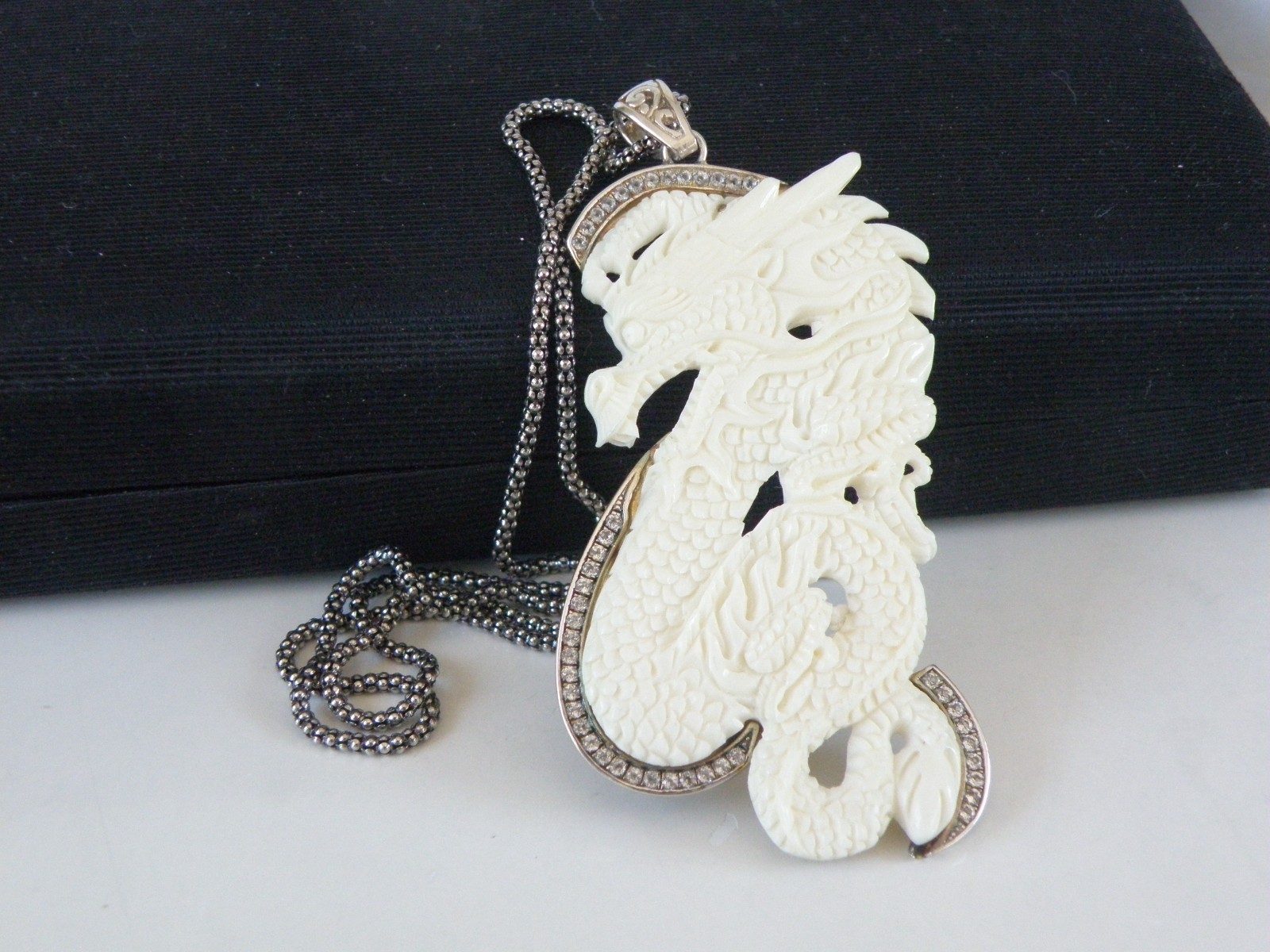 Huge Samuel B Carved CZ Dragon Statement Pendant Popcorn Mesh Necklace