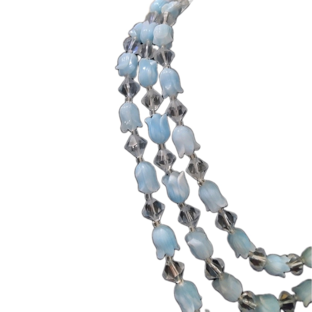 Vintage Japan Multi-Strand Beaded Necklace Blue Glass Gray Sim Crystal 18in Hook