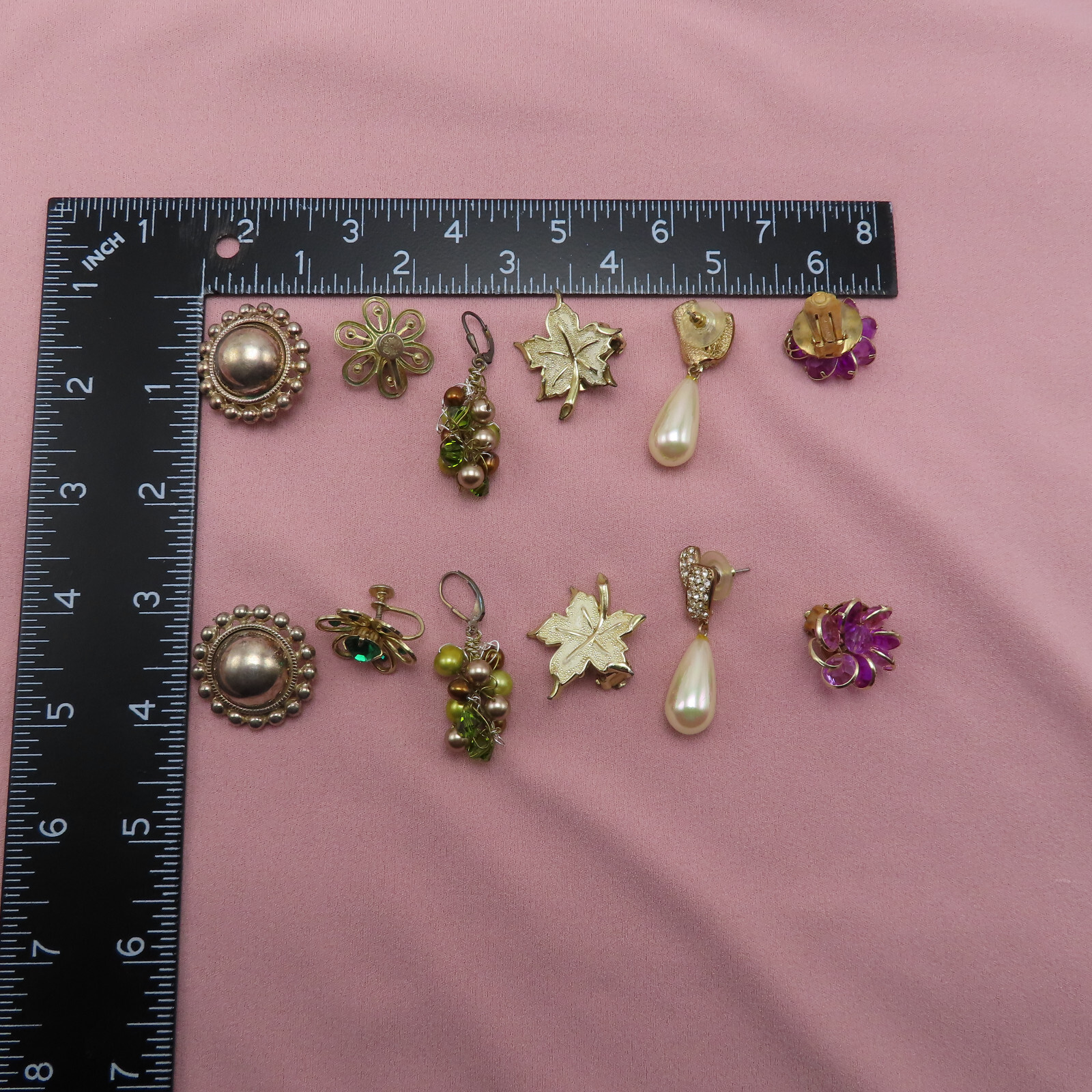 6 Pair Earrings Vintage Signed Purple Green Rhinestone White Leaf Pearl Lot 84c