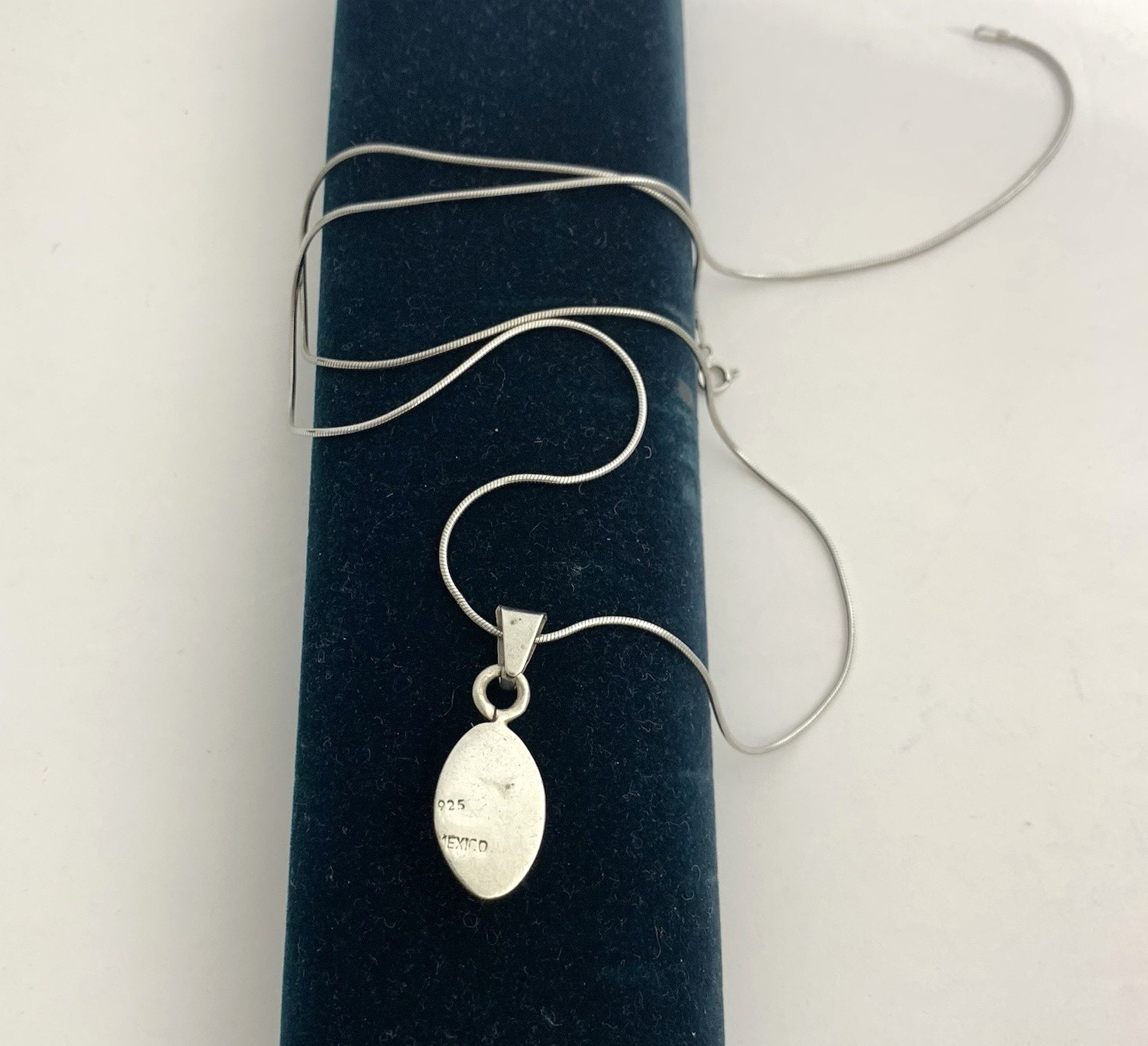 Vintage Mexico 925 Sterling Silver Necklace Blue Turquoise Inlay Pendant
