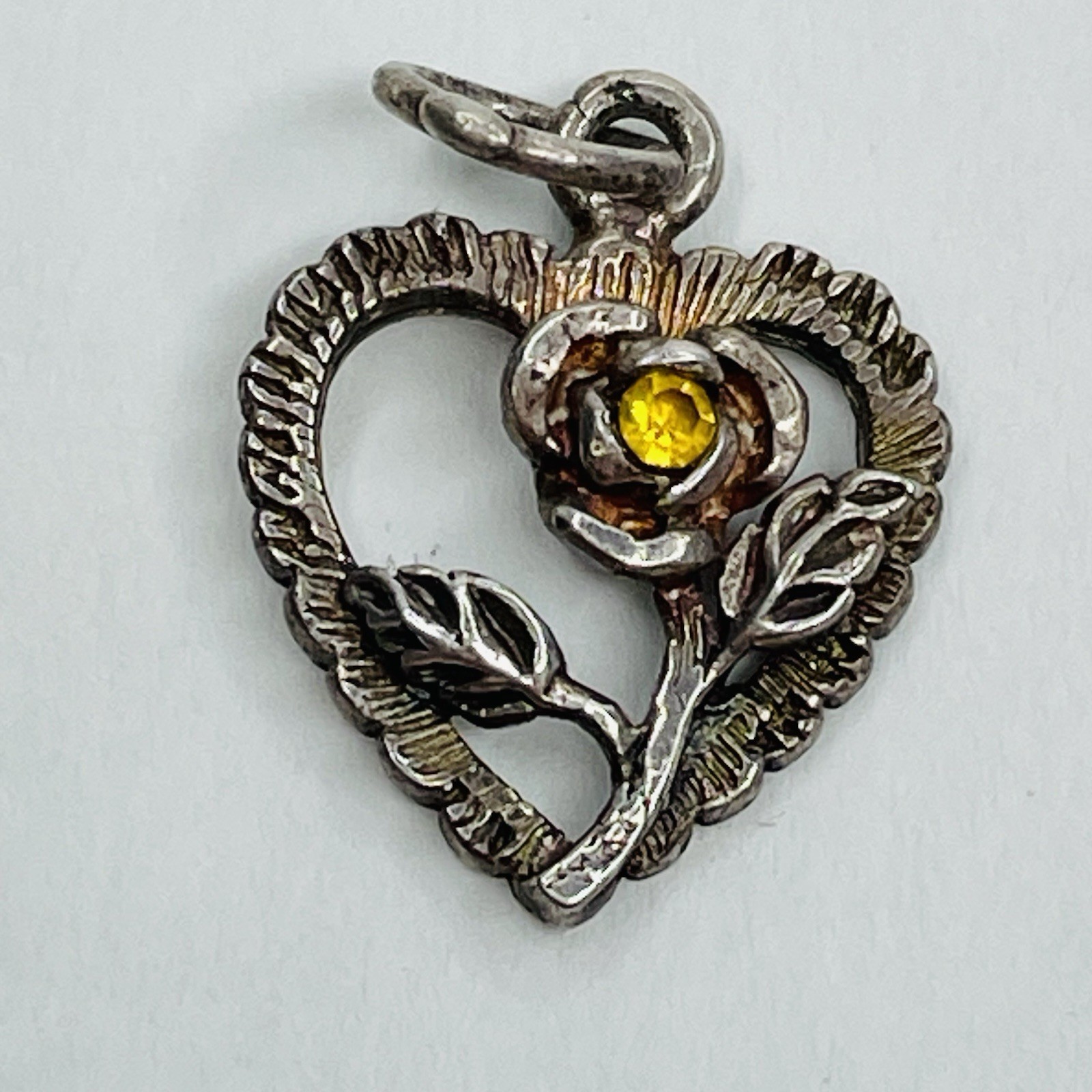 925 Sterling Silver Heart Charm Pendant Flower Yellow Rhinestone Mixed Metals