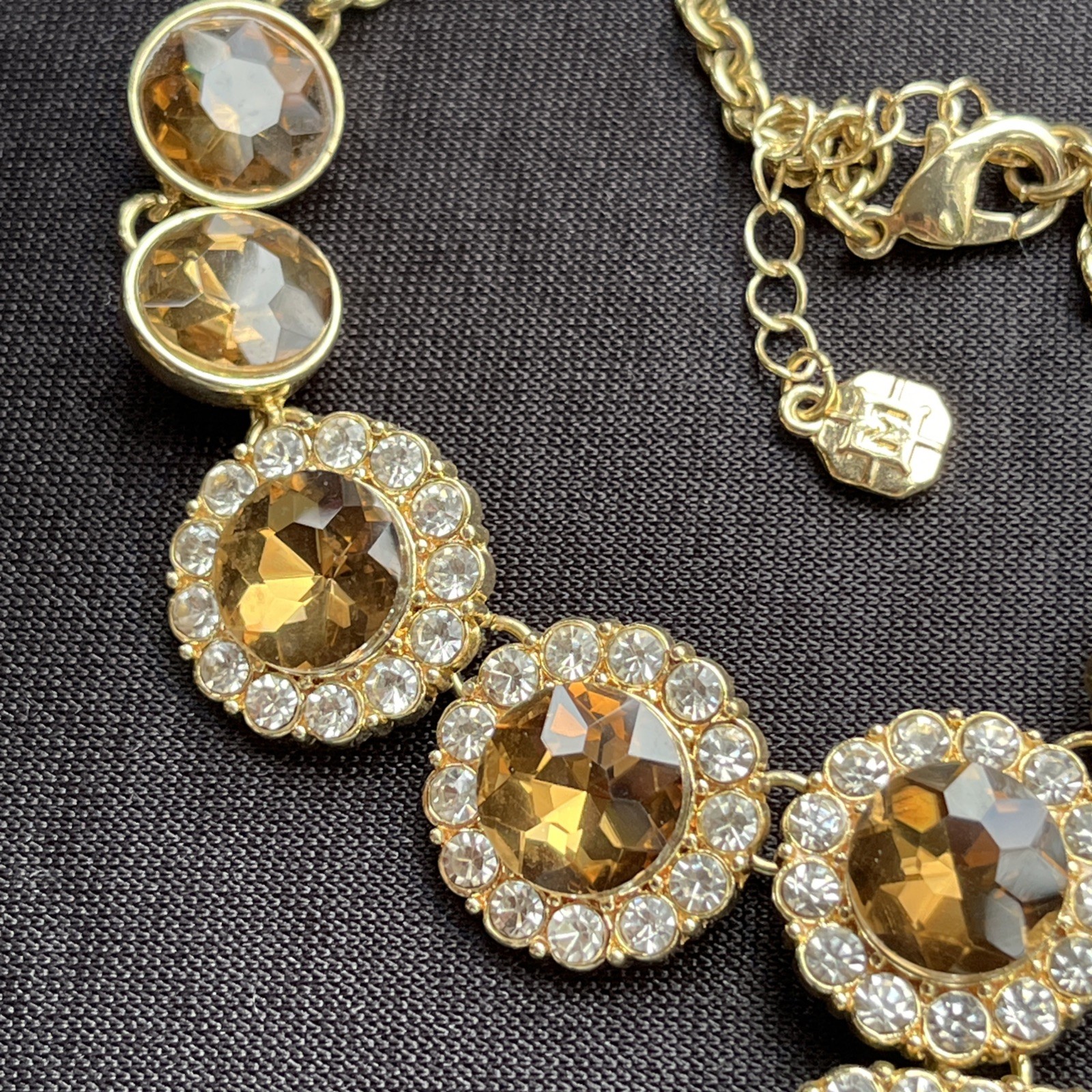 Vintage Monet Faceted Golden Topaz Crystal & Clear Rhinestone Statement Necklace