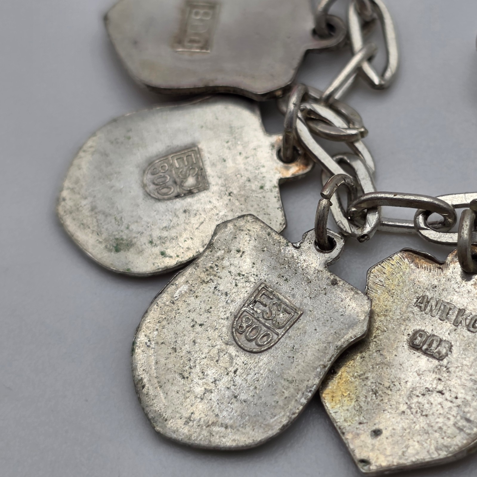 Vintage 800 Silver Enamel Travel Shield Charm Bracelet Germany Italy ANTIKO 7″