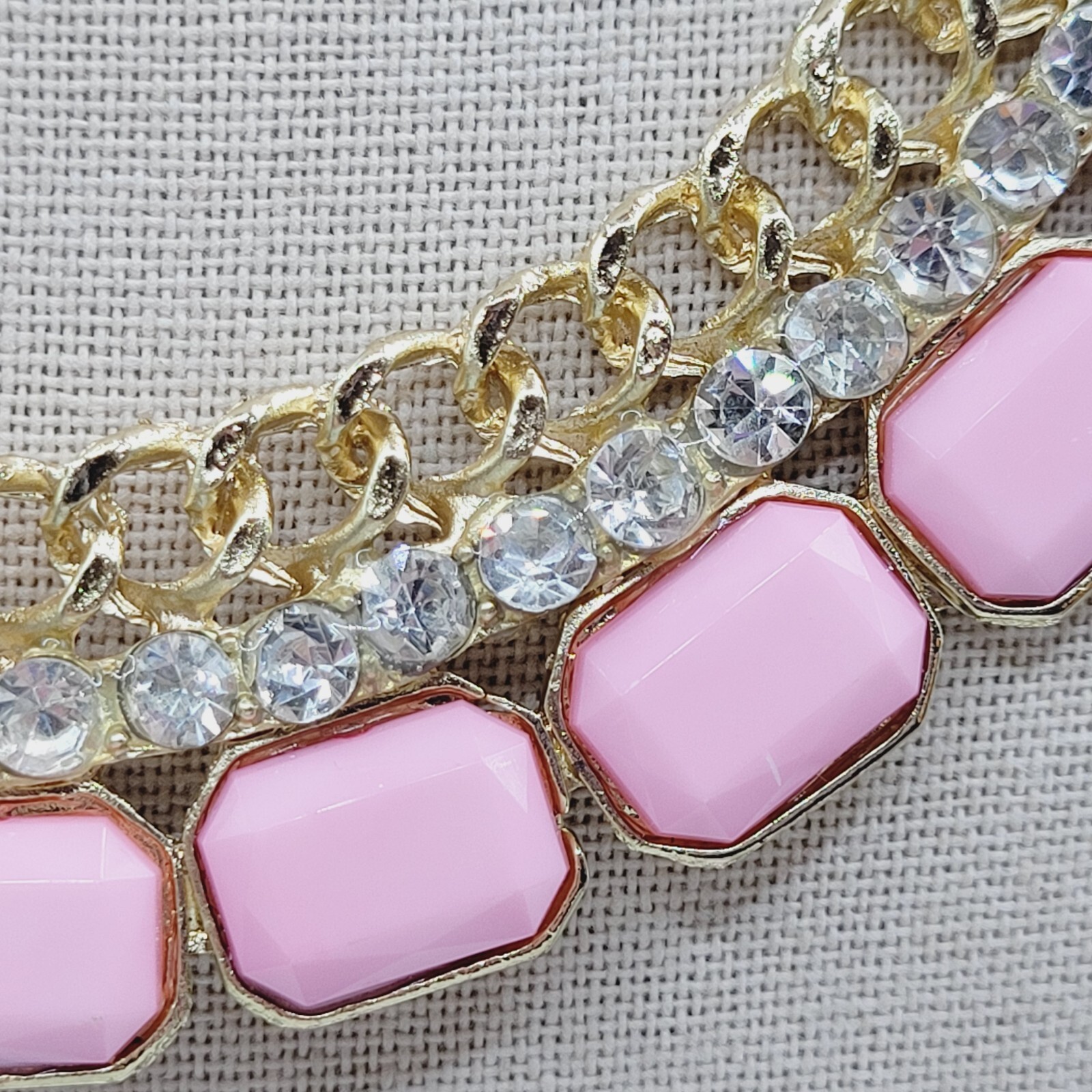 Fancy Rhinestone & Pink Acrylic with Milkglass Style Vintage Gold Tone Necklace