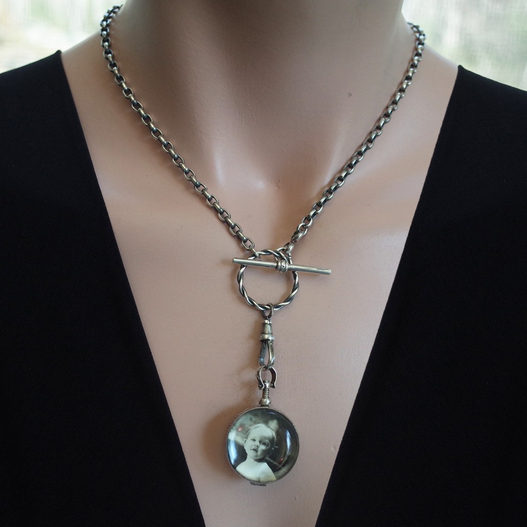 Sterling Silver Heavy Rolo Chain Glass Locket Watch Swivel T Bar Toggle Closure