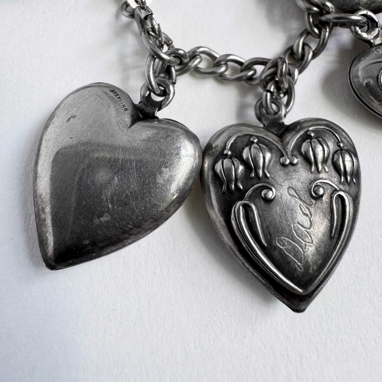 Vintage WWII Sterling Silver 925 Puffy Heart Sweetheart Bracelet w/ 14 Charms