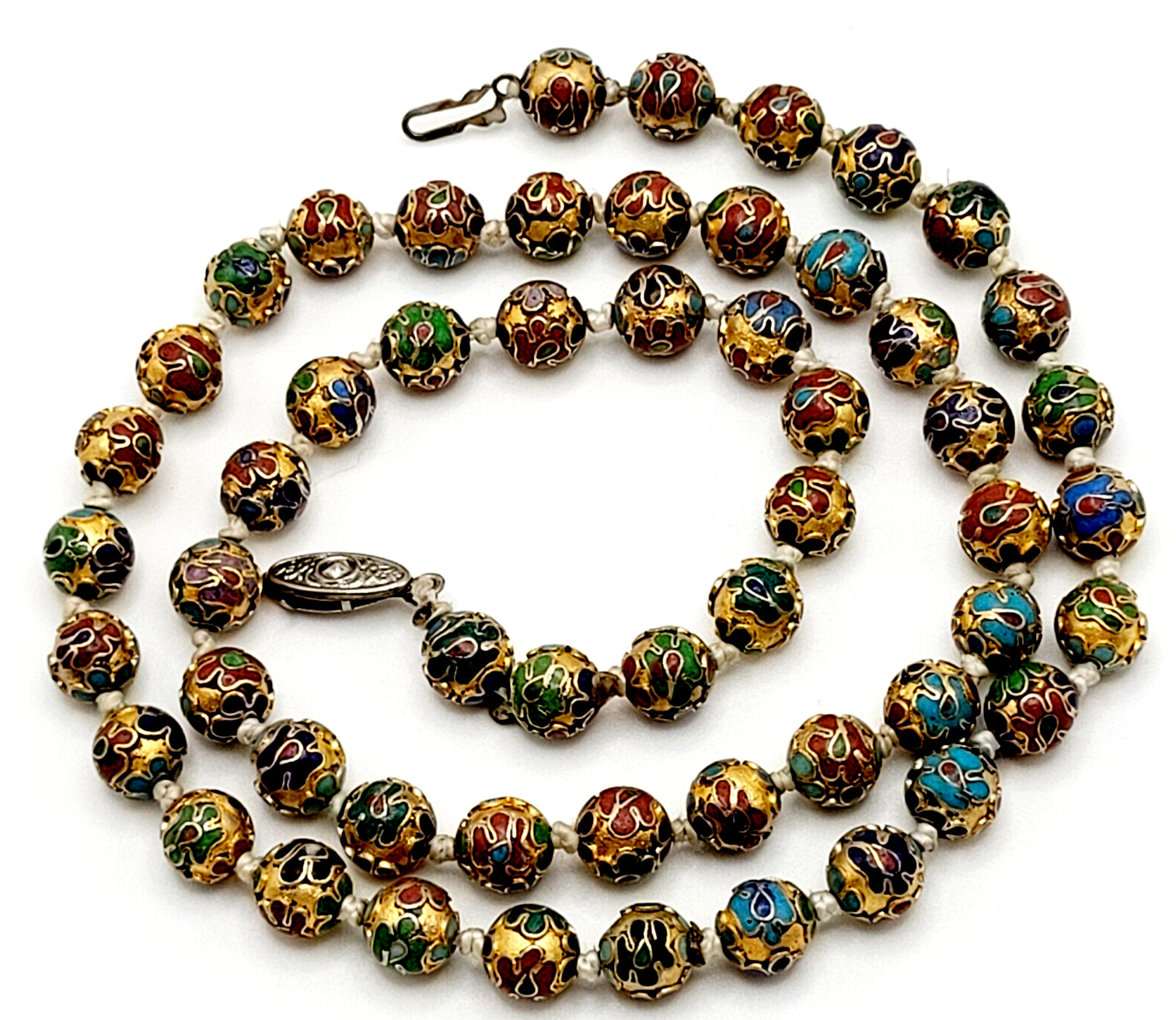 Chinese Cloisonné Floral Bead Hand Knot Circa 1930s Beaded Necklace 23 Inch