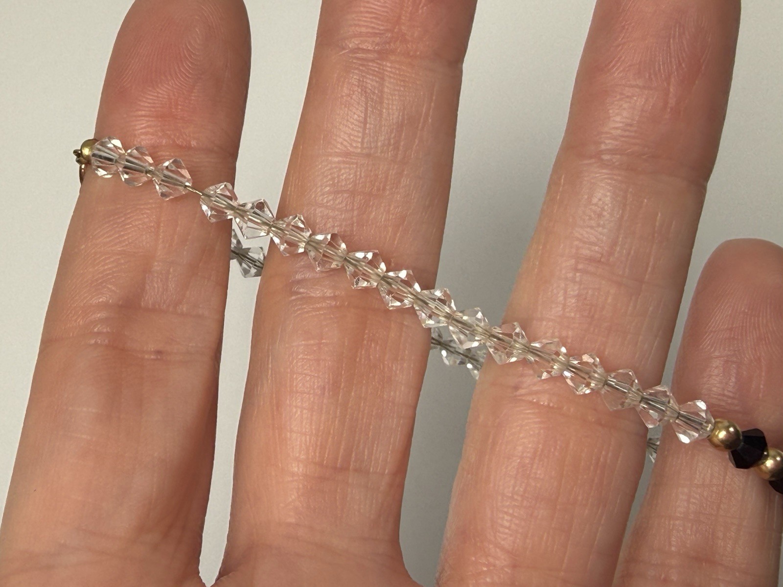 Vintage 14K Gold Bicone Black Clear Crystal Beaded 7” Bracelet