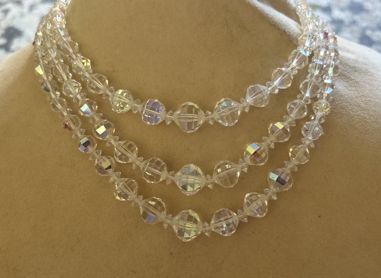 Laguna faceted clear crystal three strand 15” beaded necklace