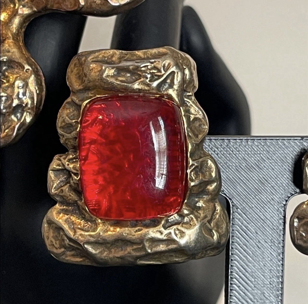 Les Bernard VO Brutalist Collection Red Gripiox Glass Brooch & Clip-On Earrings