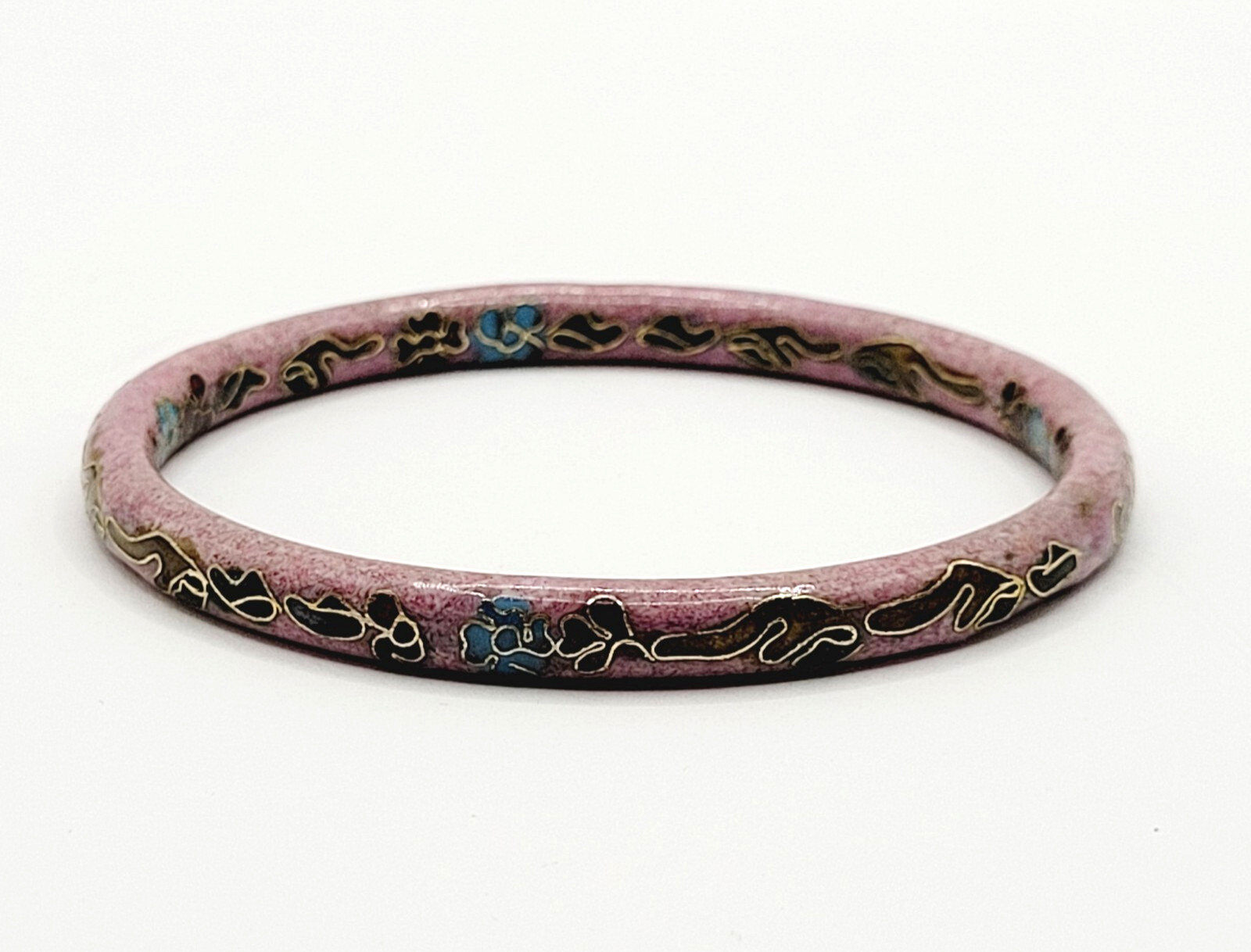 Cloisonné Asian Inspired Rose Mauve Color Floral Hand Painted Bangle Bracelet