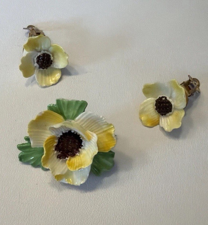 MADE IN ENGLAND FINE BONE CHINA DAFFODIL FLOWER PIN BROOCH Clip On EARRING SET