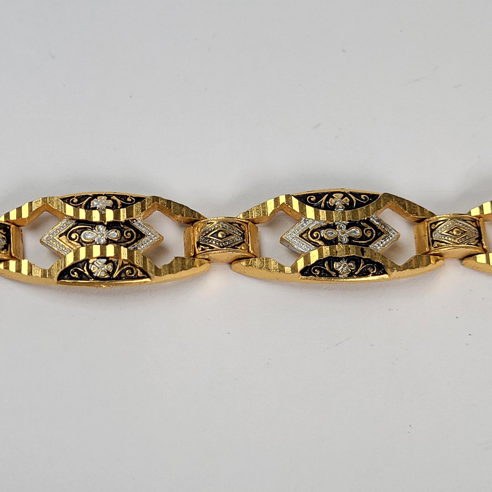 Gold Tone Damascene Link Bracelet Black Enamel Floral Safety Chain Jewelry 7in