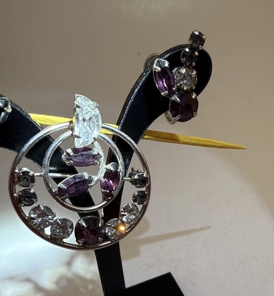 Vintage Earrings & Brooch Silver tone With Amethyst & Grey & White Rhinestone