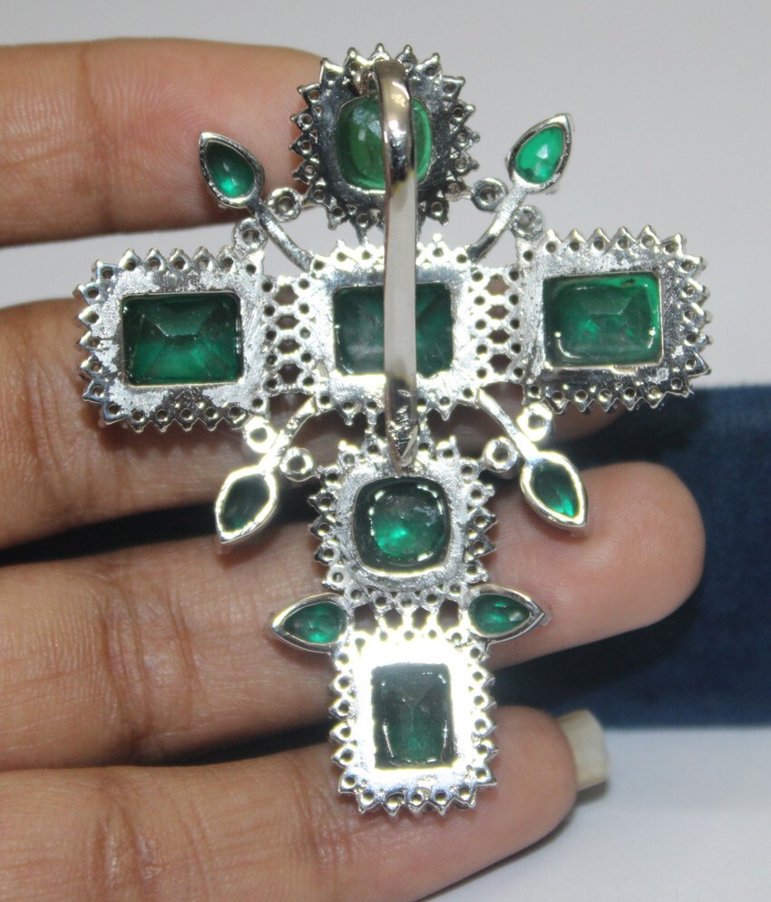 4.50ct Rose Cut Diamond Victorian 925 Sterling Silver Emerald Cross Pendant