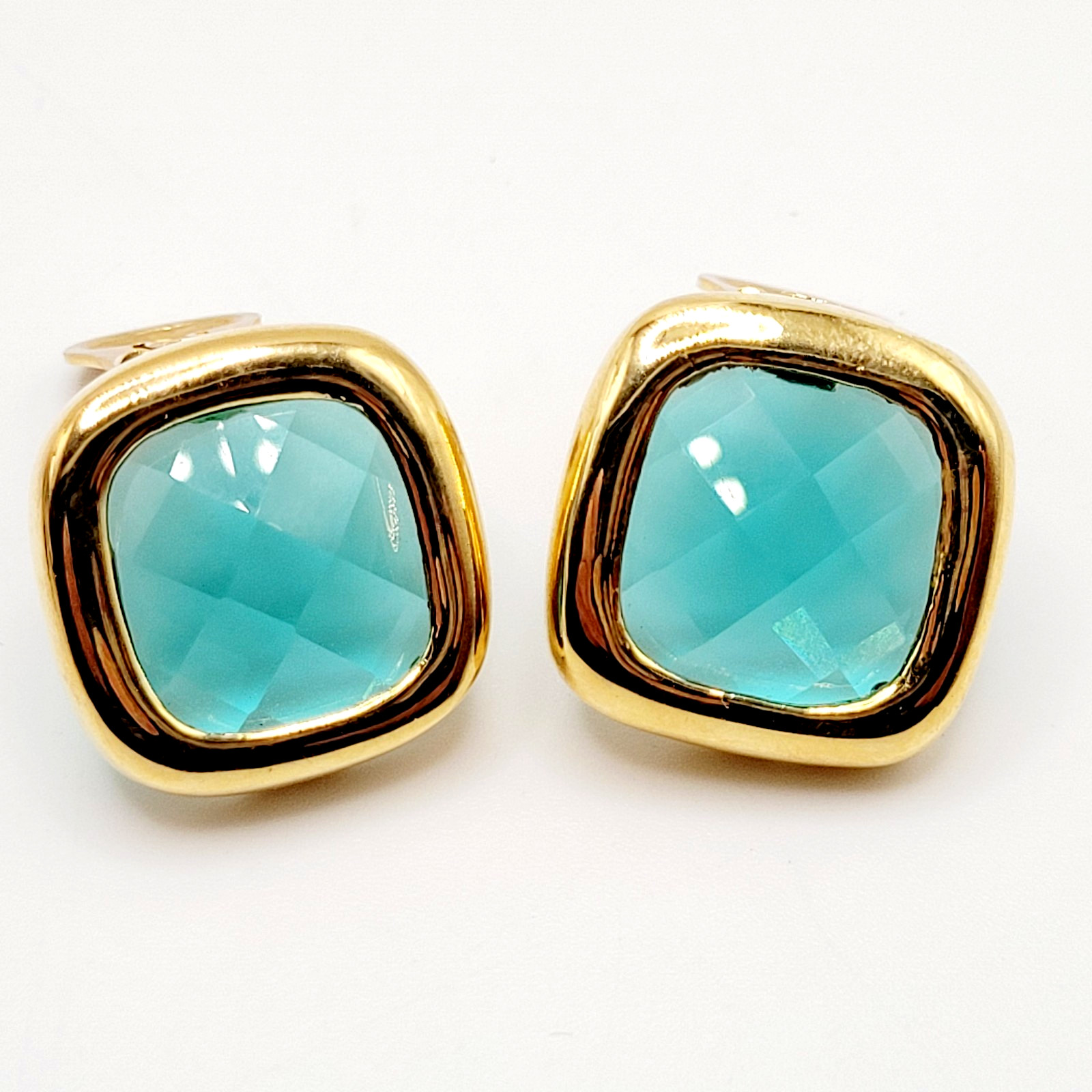 Aqua Light Blue Green Faceted Glass Soft Square Gold Tone Bezel Clip On Earrings