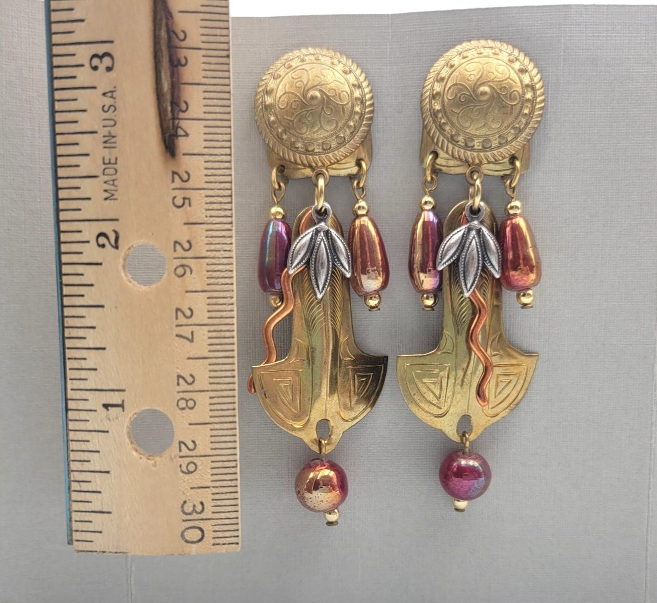 John Michael Richardson “Arabian Nights” Dangle Drop Earrings Brass Copper Glass