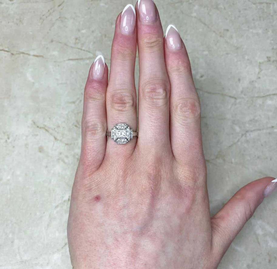 Art Deco Style Circa 1930 Lab Created Diamond Halo 925 Silver Engagement Ring