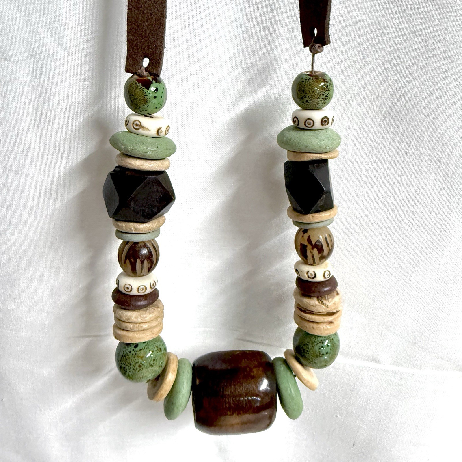 Vintage Boho Chunky Necklace Wood Ceramic Acrylic Beads on Suede Leather Cord