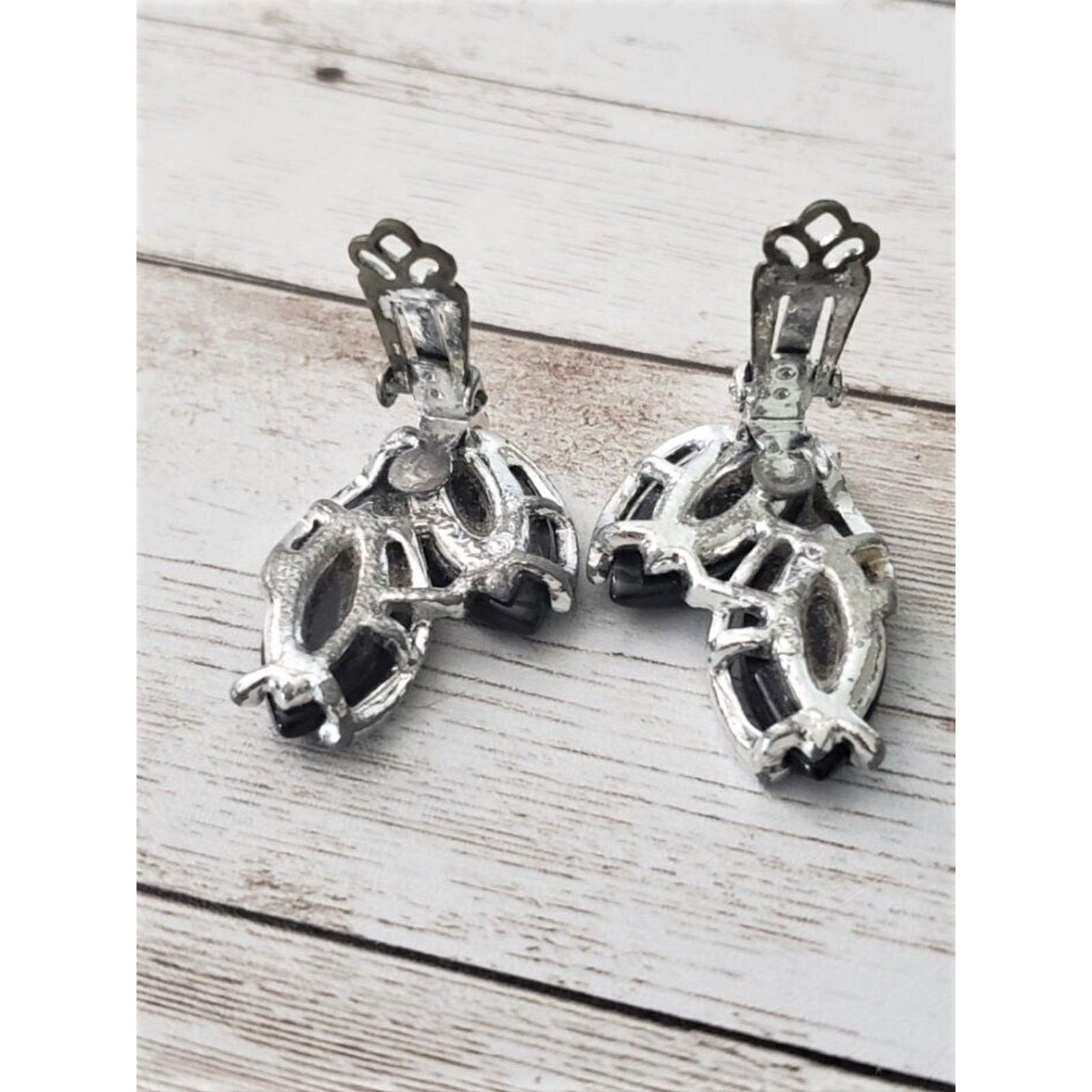 Vintage Clip On Earrings Black Leaves with Silver Tone – Statement