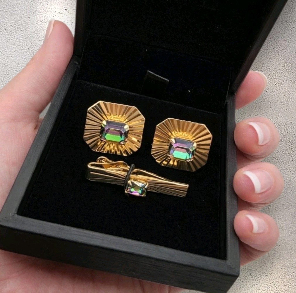 Vintage Gold-Tone Cufflinks & Tie Clip Set w Iridescent Stone Mid Century Swank