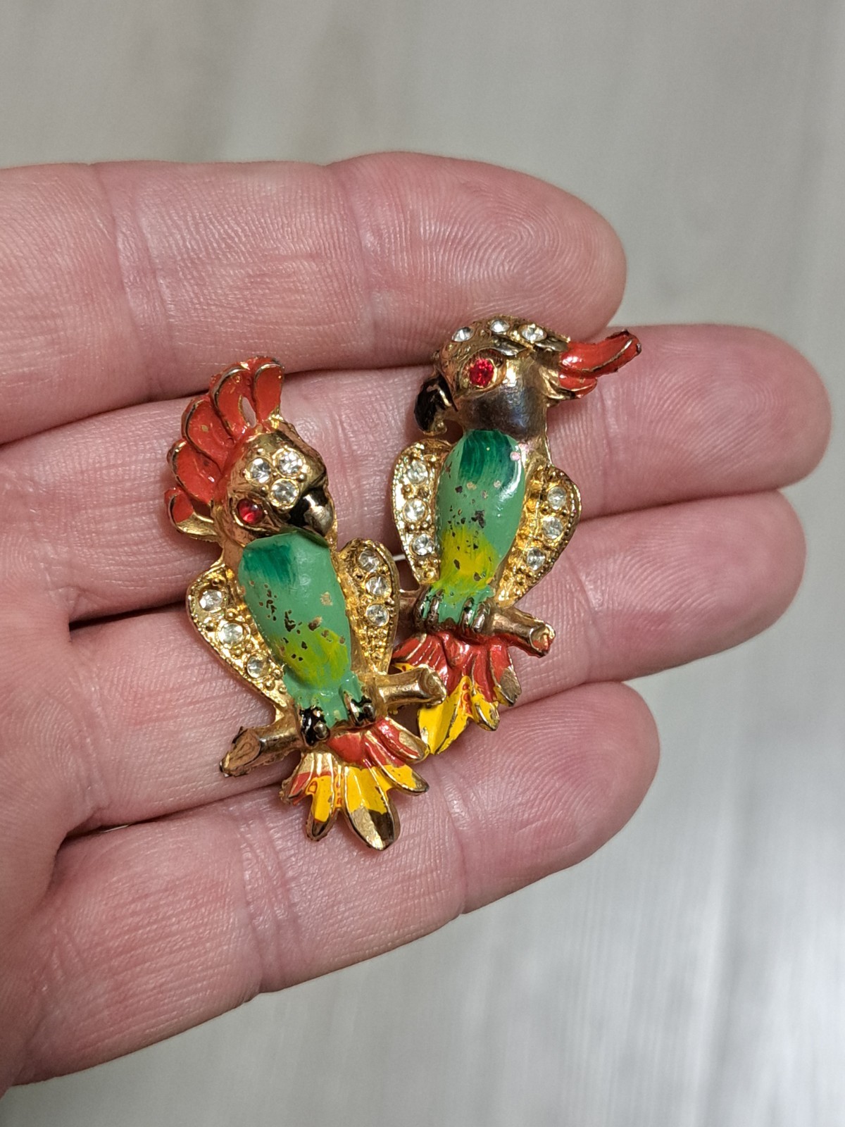 Vintage Rhinestone And Goldtones Pair Of Parrot Brooches