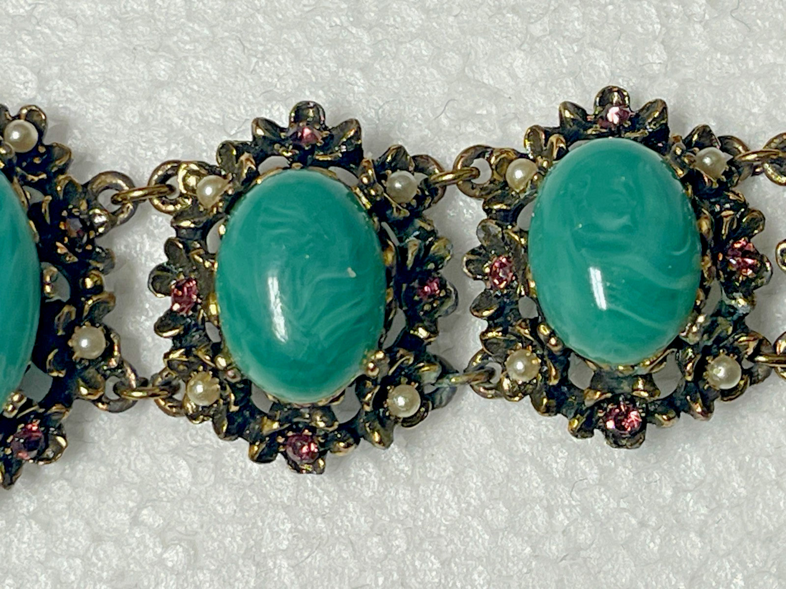 Vintage Selro or Selini Teal Green Faux Pearl Cabochon Chunky Link Bracelet