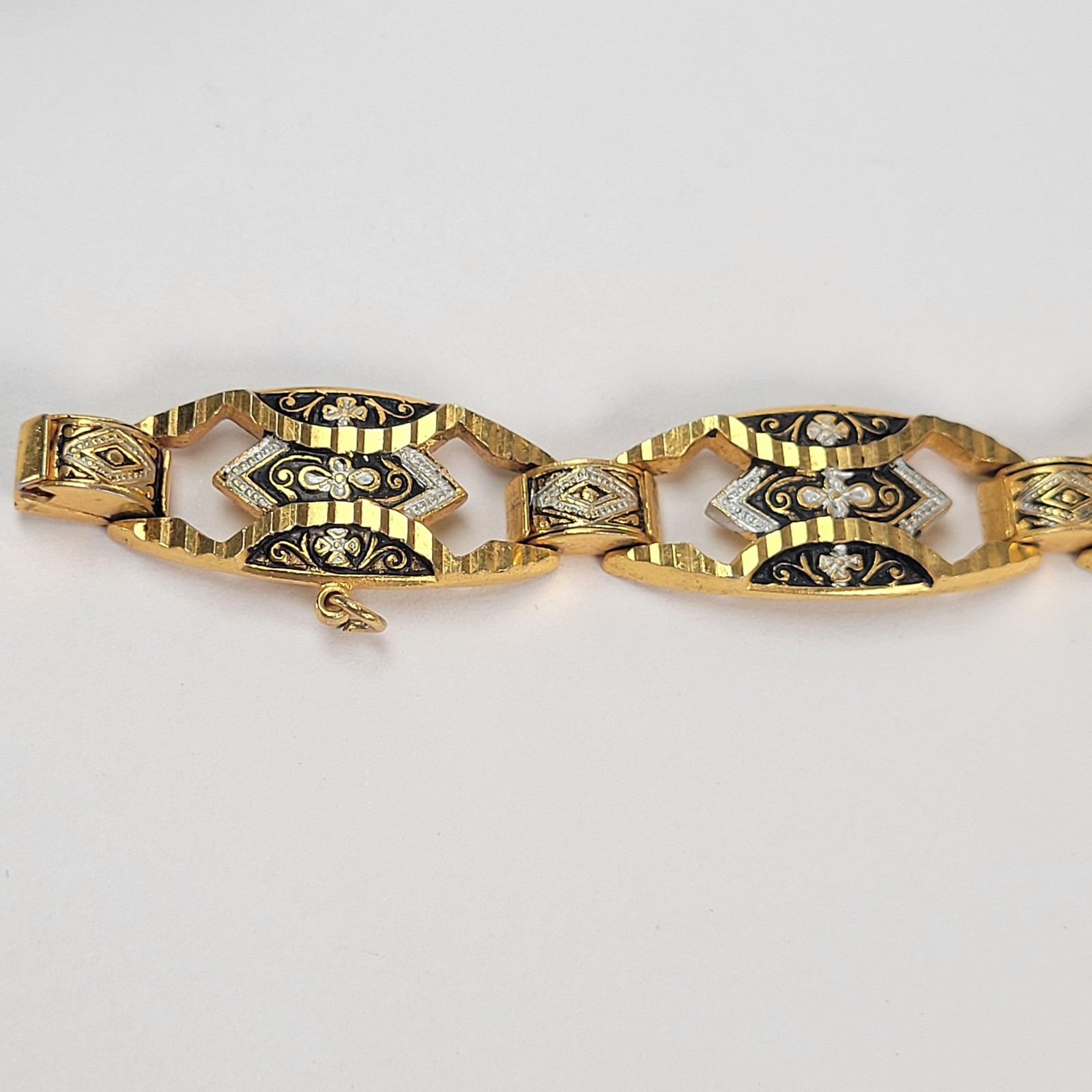 Gold Tone Damascene Link Bracelet Black Enamel Floral Safety Chain Jewelry 7in
