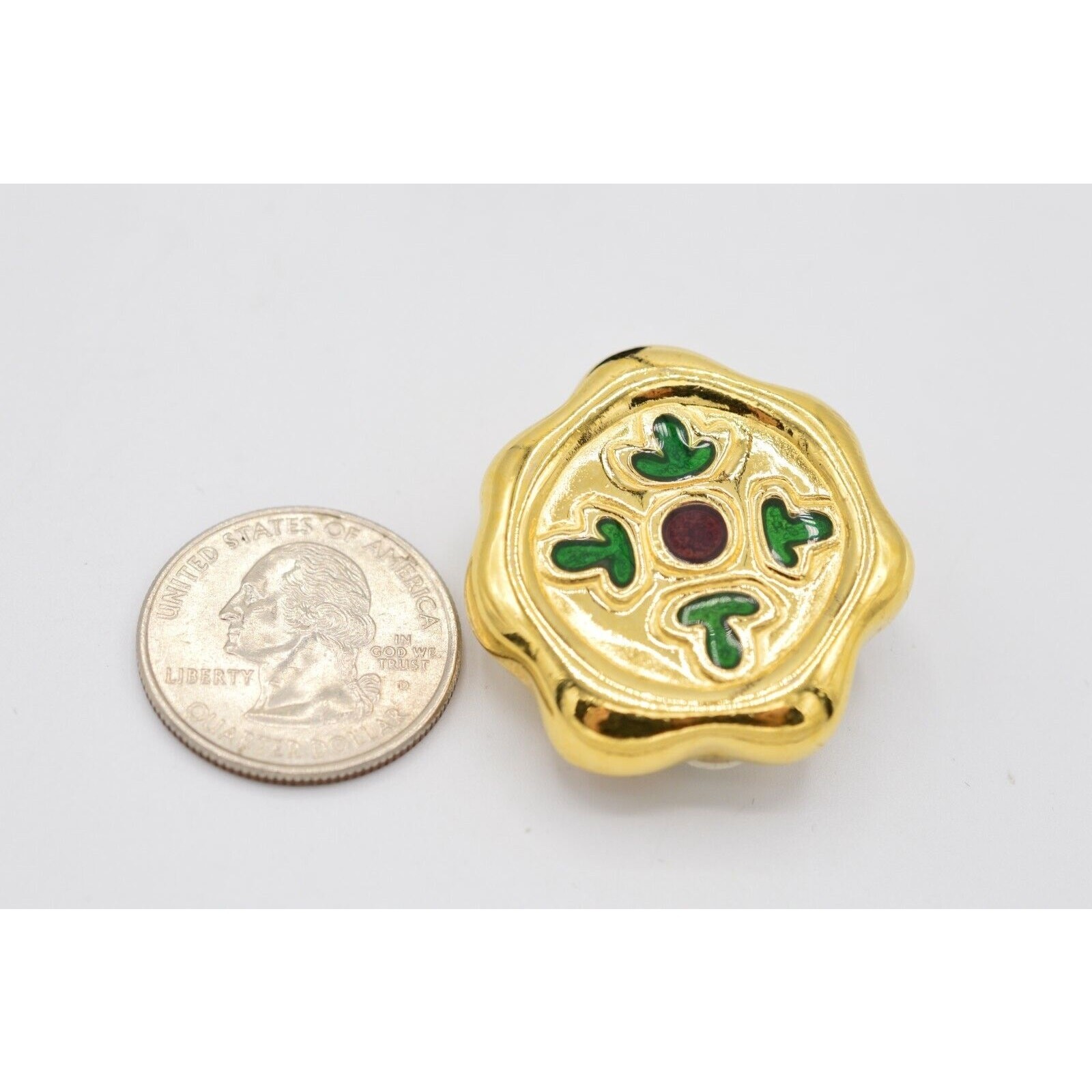 Givenchy Vintage Clip On Earrings Chunky Gold Green Red Enamel Signed 1980s BinX