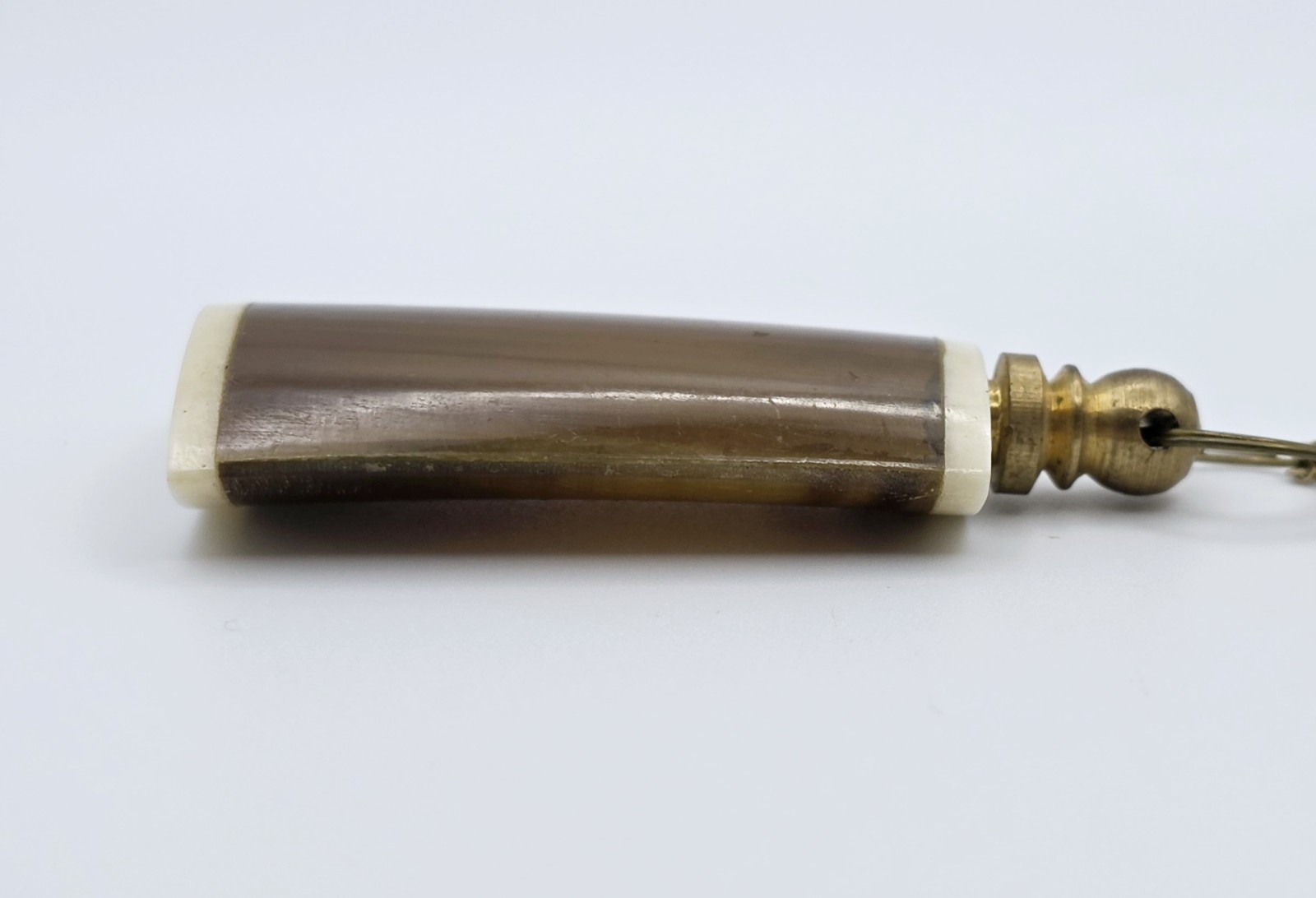 Antique Horn Snuff Bottle Pendant Necklace Brass Perfume Vial Dauber Wand 18″