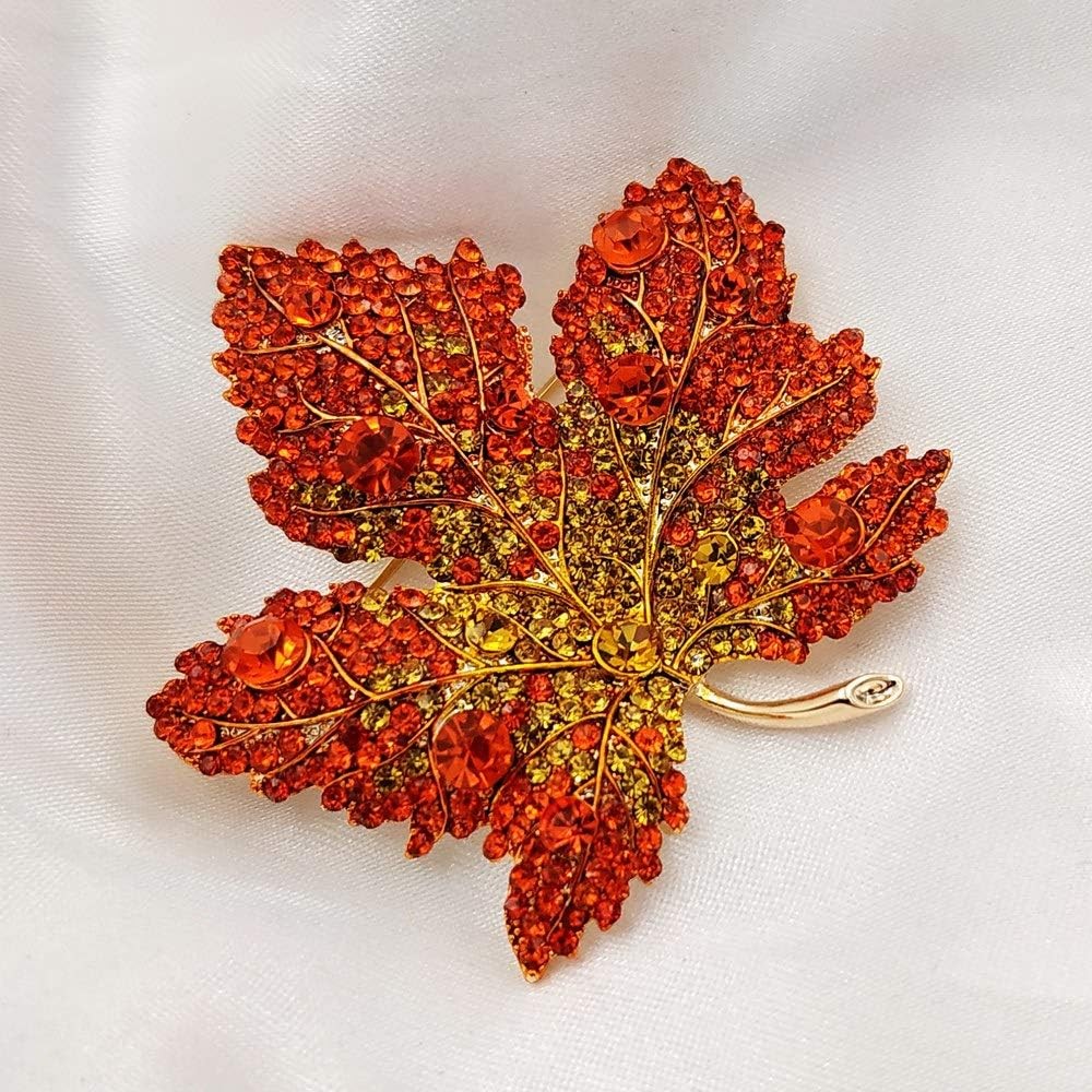 Vintage Stylish Full Micro Pave Yellow Orange Red Crystal Big Maple Leaf Brooch