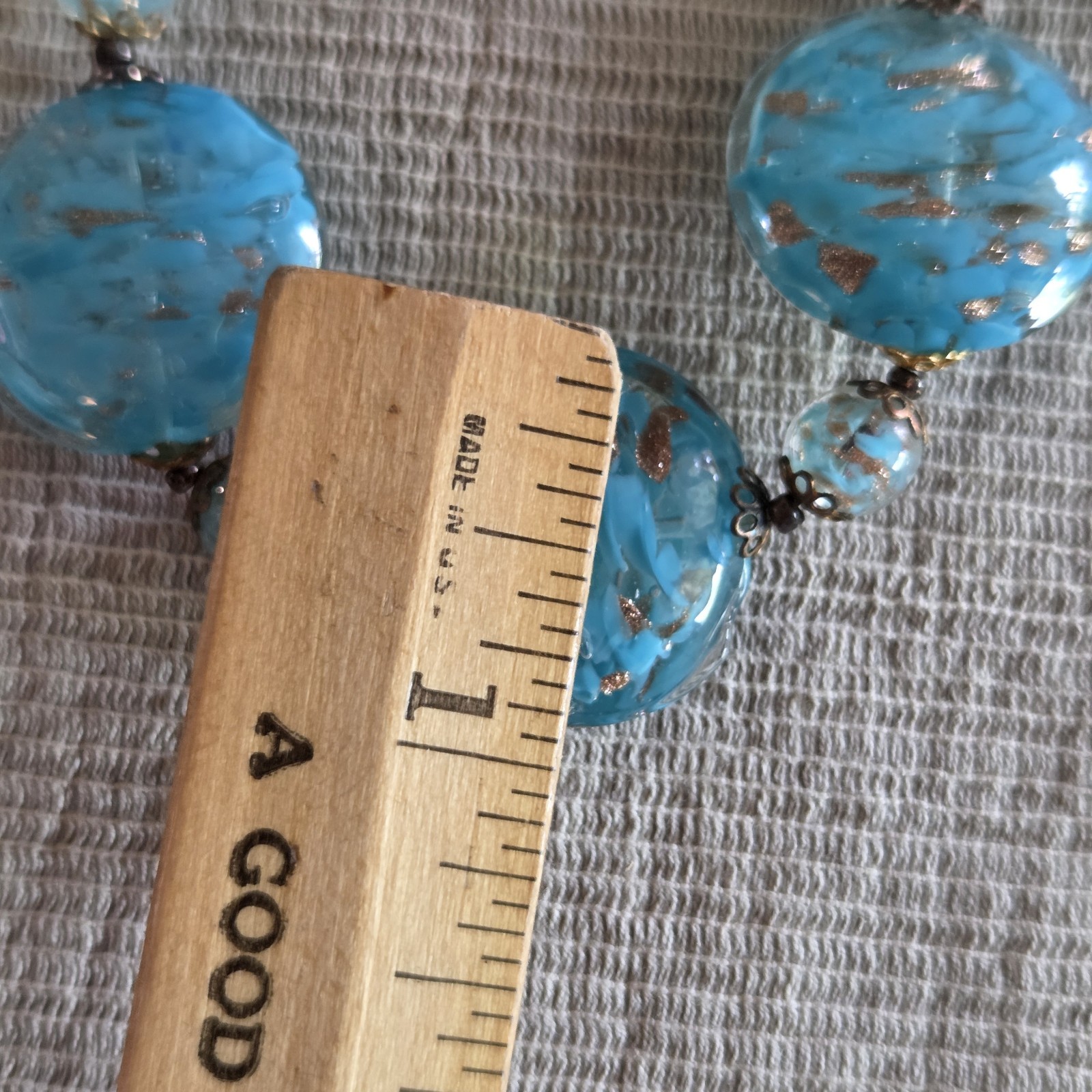 Vtg Light Blue Gold Foiled Venetian Art Glass Necklace & Clip-On Earrings Italy