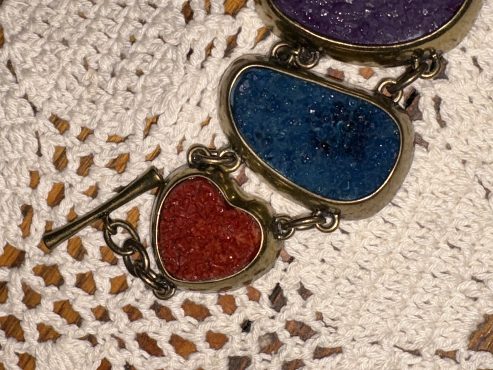 Vintage Handmade 5 Color Geode & Brass Link Chunky Bracelet Toggle Clasp BOHO