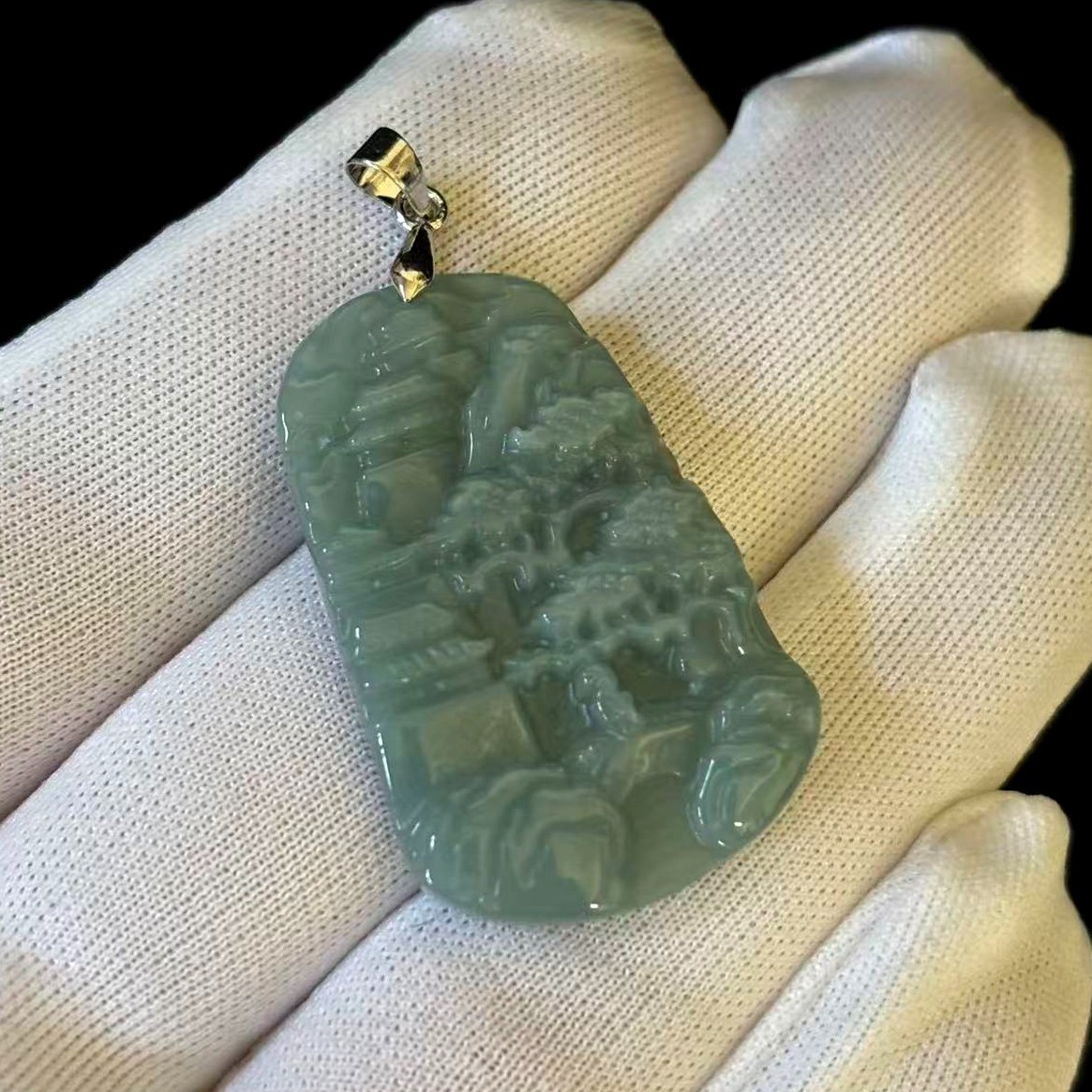 High-grade Natural Green Jade Jadeite Pendant Embossed Landscape, Free Necklace