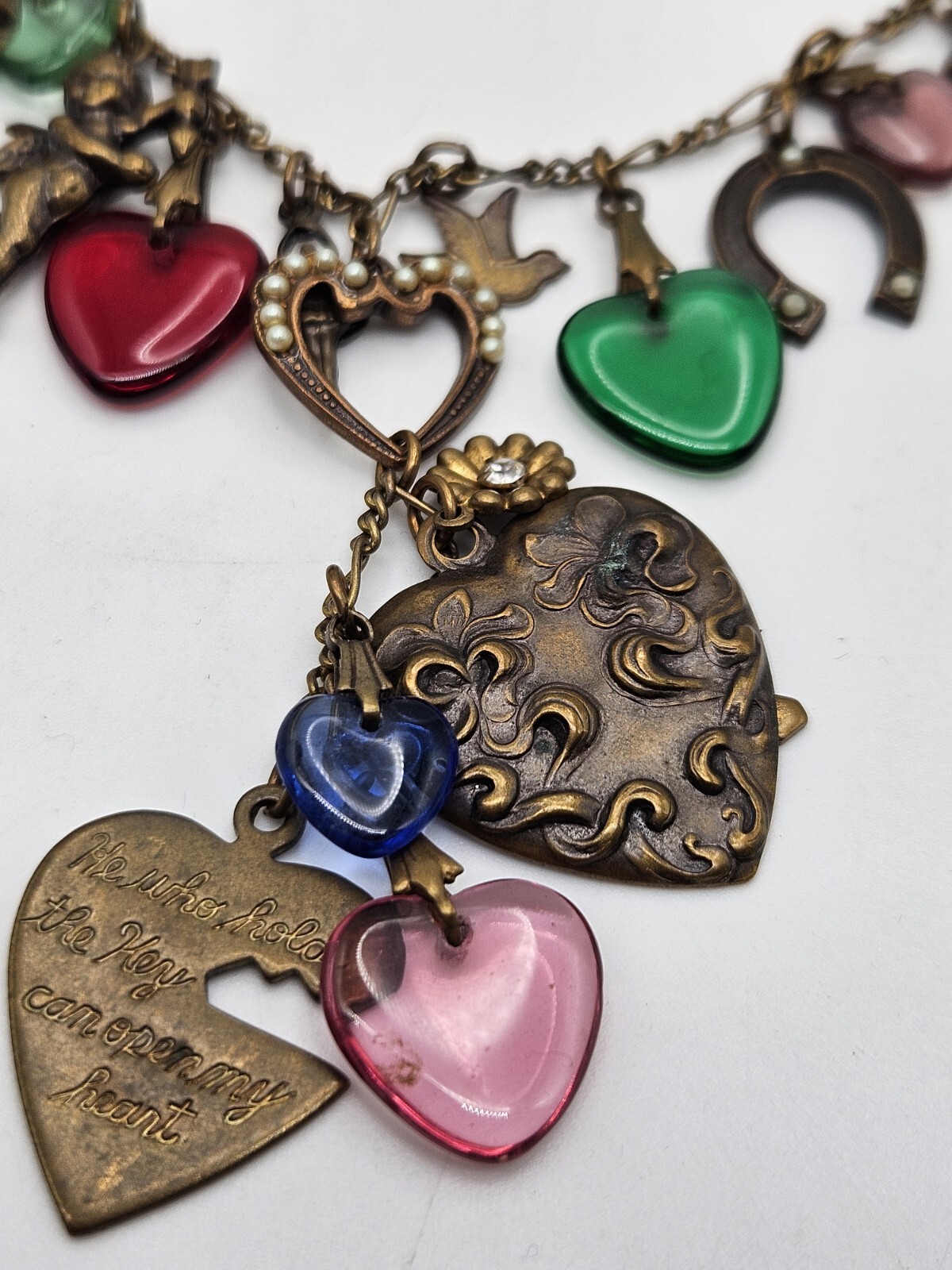 Glass Works Studio Brass Tone Multicolor Glass Dangle Hearts Charm Necklace