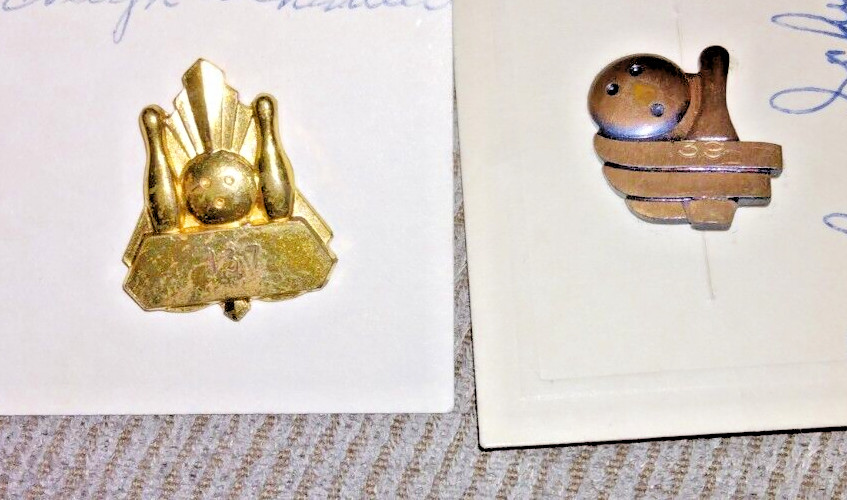 VTG 60s 70s 80s BOWLING LADIES BROOCH 3D GOLD EP NECKLACE PENDANT +2 PINS BRONZE