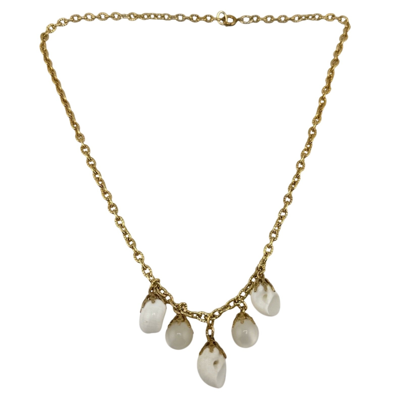 Vintage Natural Shell White Acrylic Cat’s Eye Beads Gold Tone 18” Necklace