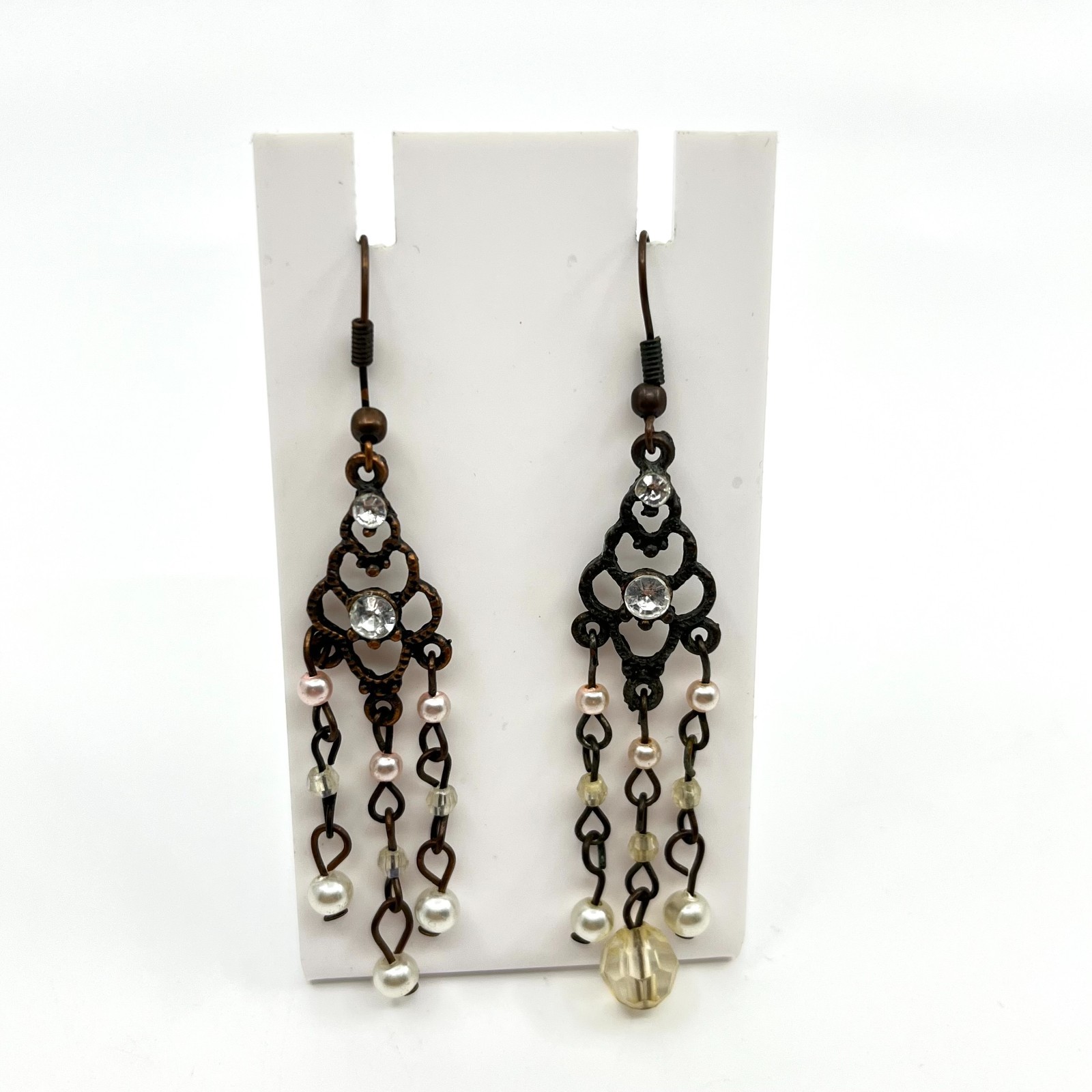 Vintage Antique Bronze Tone Chandelier Earrings Faux Pearl Rhinestone Dangle Y2K