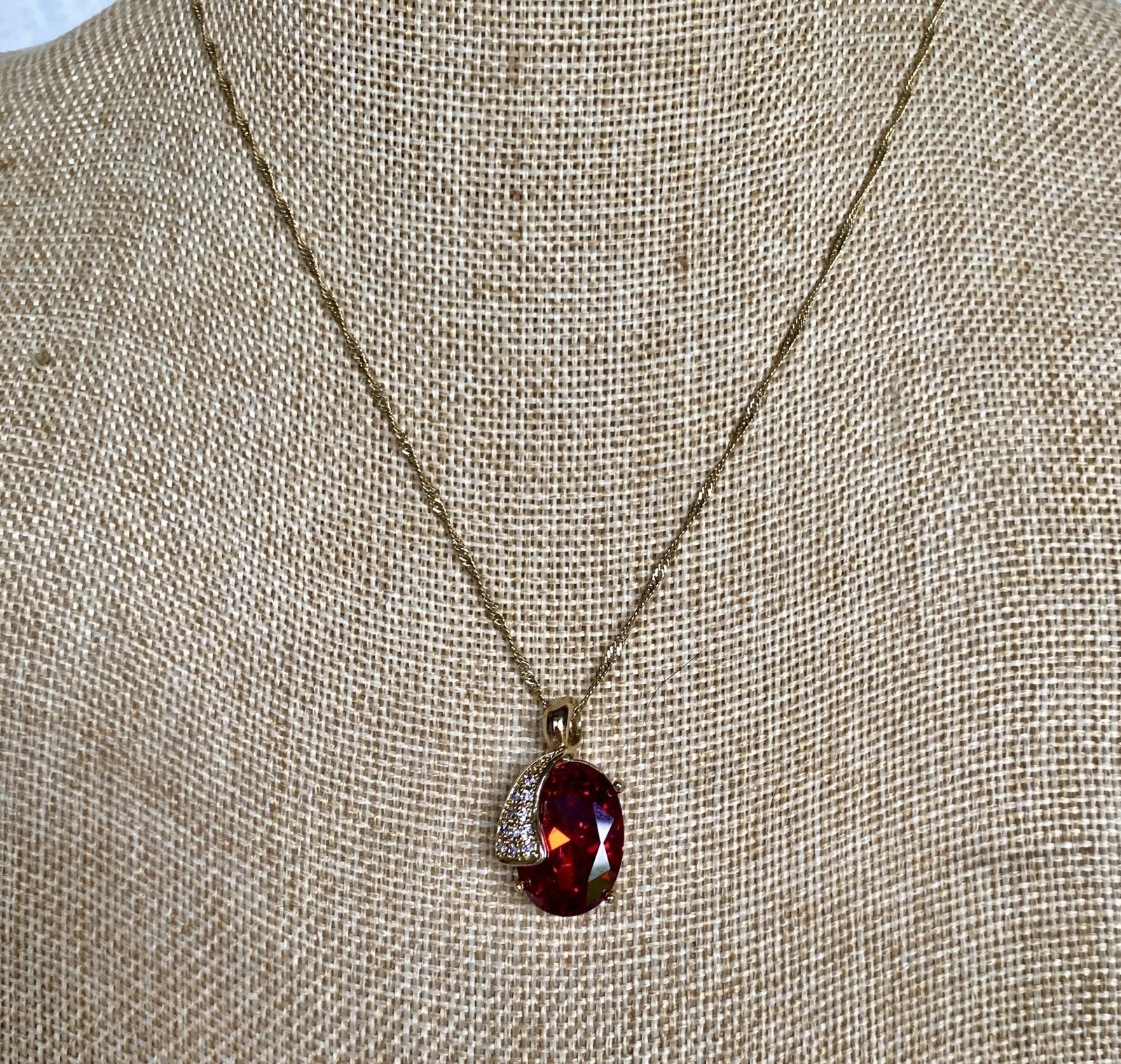Fine Adj. Gold Plated Necklace with a Large 12 Ct Garnet Pendant 17″ to 18-1/2″L