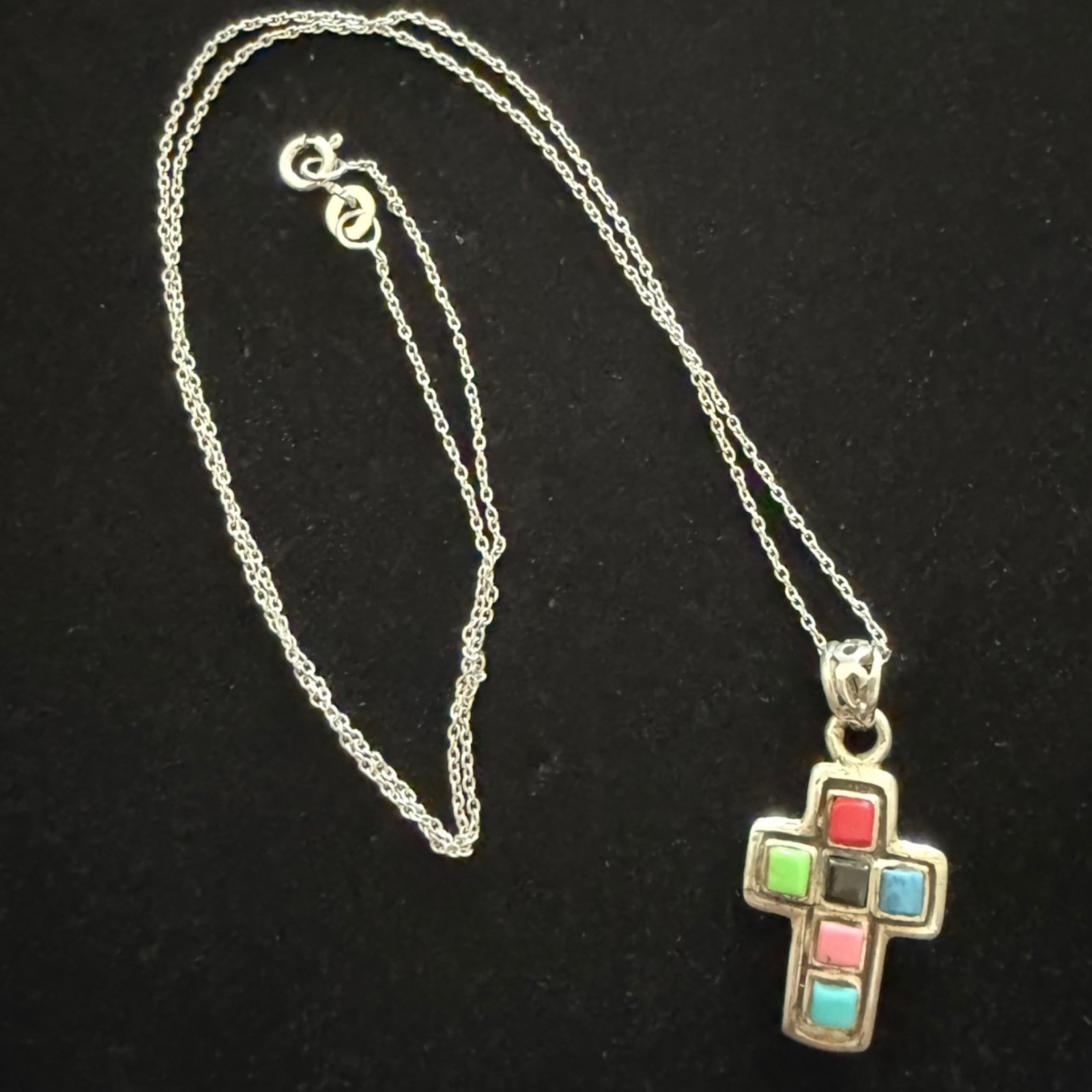 Vintage Cross Pendant Necklace Sterling Silver Turquoise Colorful Rainbow Stones