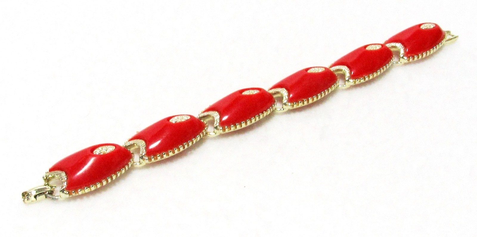 Retro Vintage Red w/Gold Accents Choker Necklace Link Bracelet Clip Earrings Set