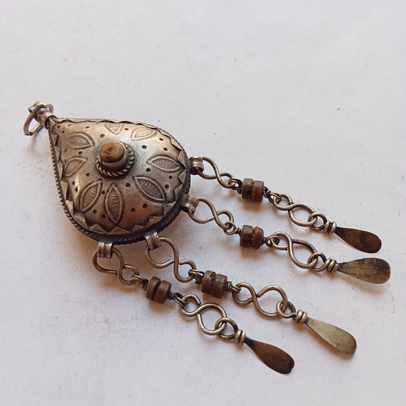 Antique Silver Tone Bedouin Prayer Box Necklace Dangle Bells