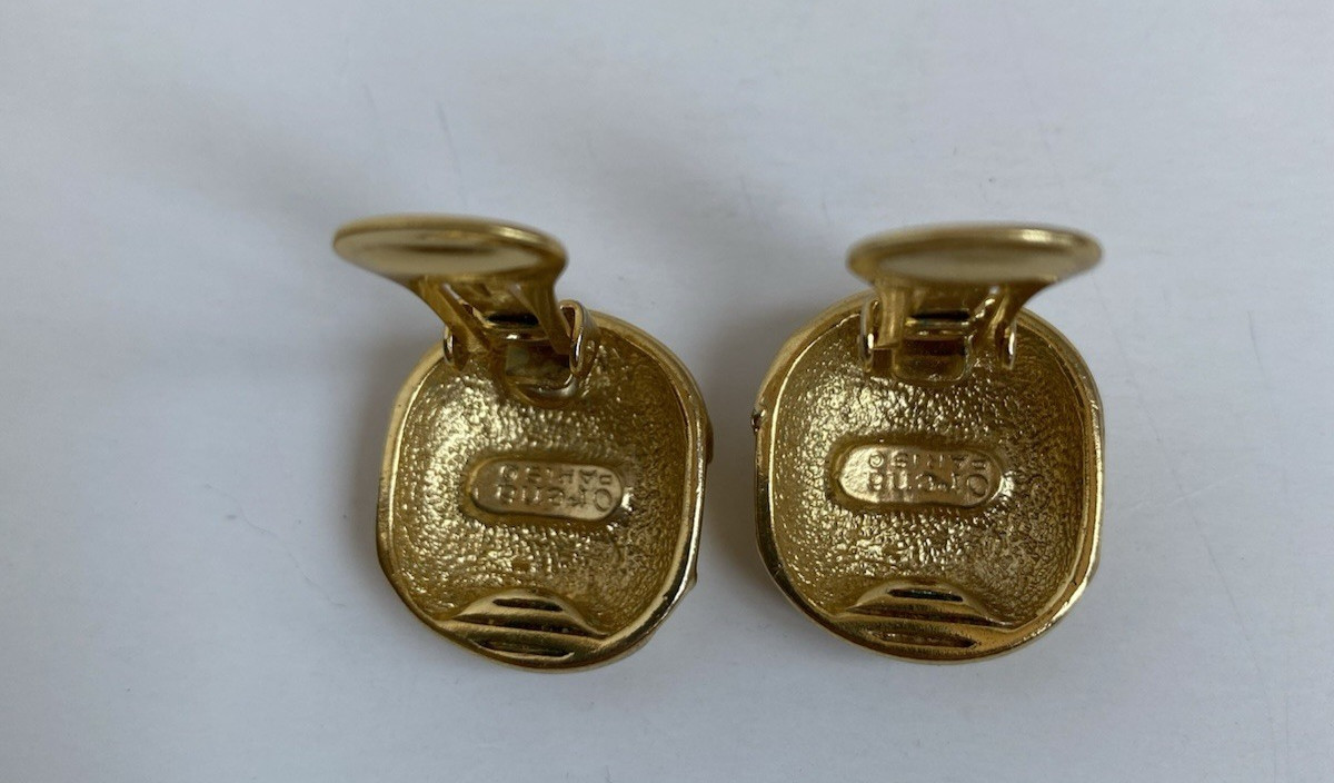 Vtg ORENA Paris Signed Clip On Earrings Gold Alloy & Sparkly White Faux Pearl