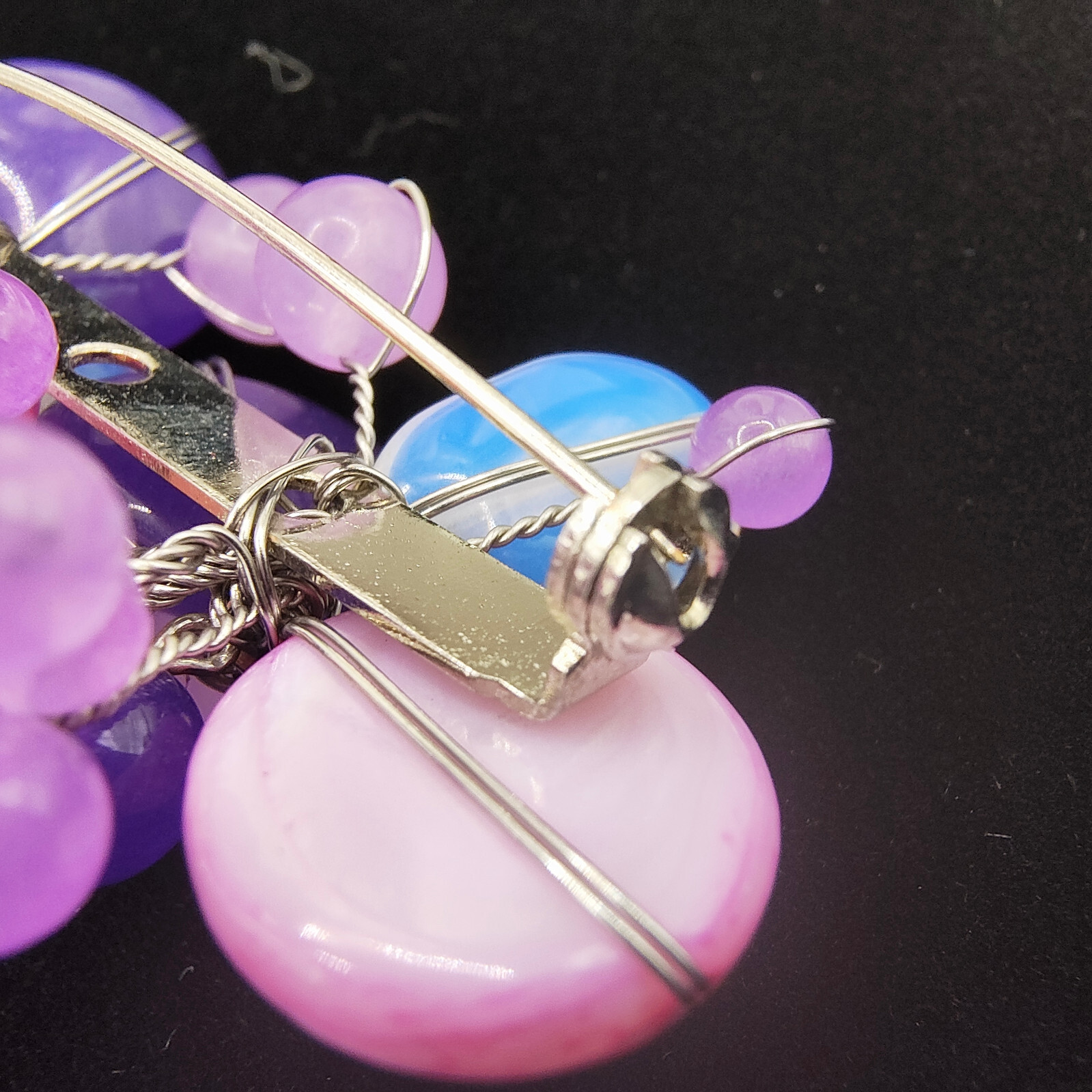 Chunky Purple Art Glass Brooch Pin Silver Tone Glass Beads Cluster Wire Abstract