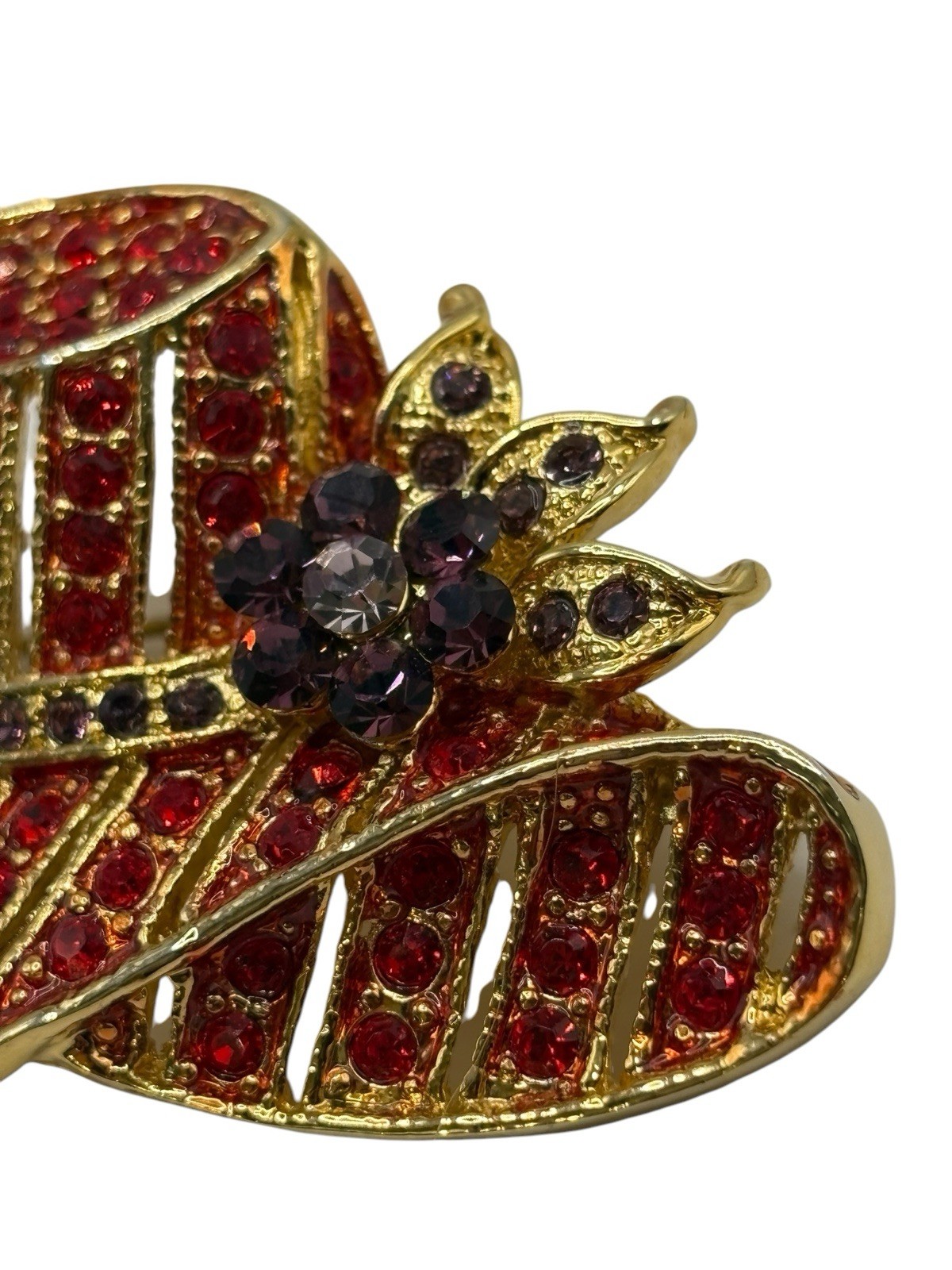 Vintage Red Hat Society Brooch Pin Red & Purple Rhinestones Gold Tone Flower